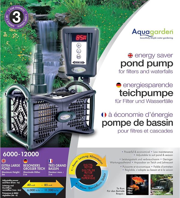 Aquagarden, Pompe de Bassin à économie d’énergie, pour Les fontaines, Les Cascades et Les éléments Aquatiques, Puissance et débit d’Eau réglables, Convient à Un pompage Jusqu’à 12000 litres