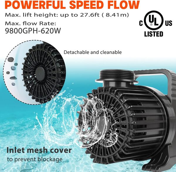 WaterRebirth (9800GPH-620W, liste UL) Pompe à eau submersible à haut débit - Pompe de bassin - Pompe submersible - Pompe de fontaine à eau - Pompe d'aquarium - PS-9800