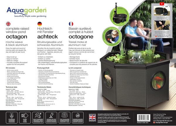 Aquagarden Affinity Pond, Kit de Bassin surélevé vitré - Forme octogonale, Bassin décoratif, Comprend Le Bassin et Pompe à Eau Inpond 5 en 1 3000 avec clarificateur UV, Trois fontaines