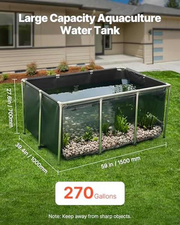 Découvrez les caractéristiques du bassin hors sol VEVOR 1023, 3 L : cadre en acier robuste, panneau transparent pour une immersion unique, parfait pour votre jardin ou terrasse.